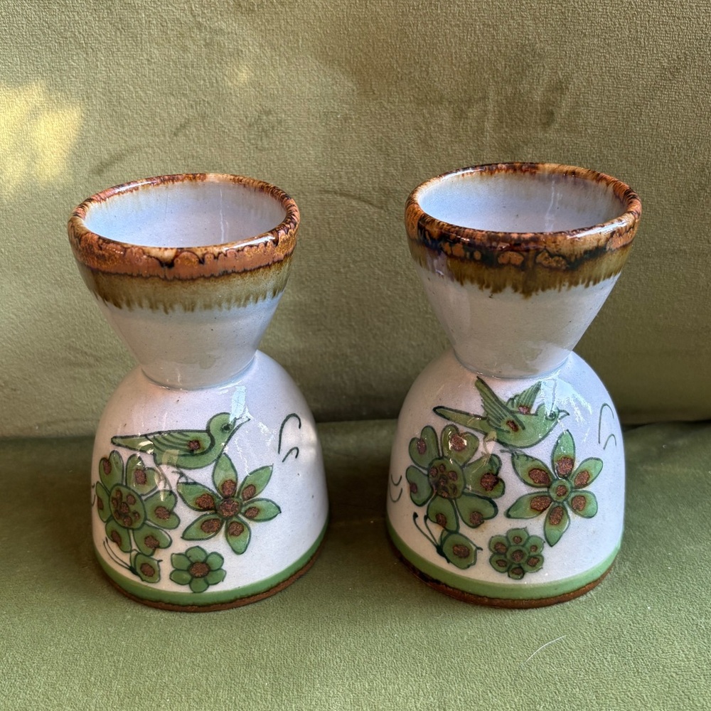 Vintage Ken Edwards Set Of 2 El Palomar Mexican Pottery Bird & Floral Egg Cups